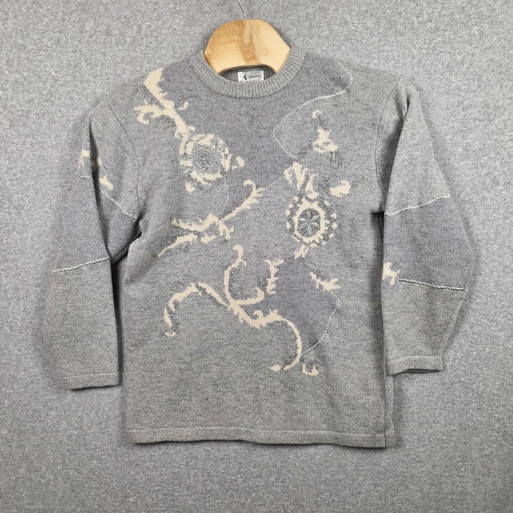 Snowman Sweater Womens Medium Gray‎ Lambswool Angora Knit Abstract Floral Soft